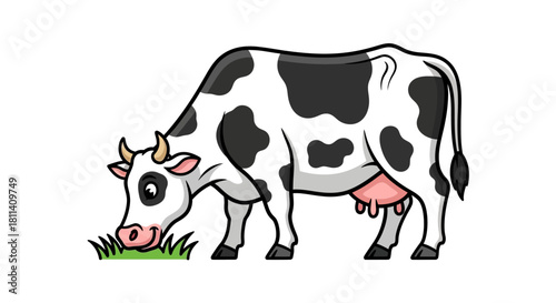 Cartoon Cow Grazing on Green Grass Farm Animal Illustration