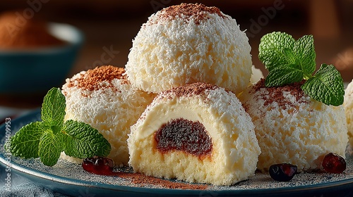 Christmas tiramisu snowball cookies, style, close-up right view, emotion, realistic scene, high-end food photography, clear composition