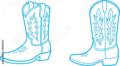 Blue outline cowboy boot illustration with decorative stitching, western footwear line art design, minimalist ranch style cowboy boot graphic drawing