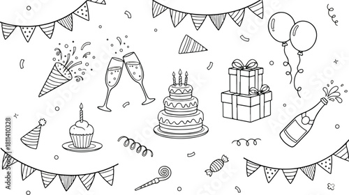 Birthday doodle icon element. Hand drawn sketch doodle birthday cake, balloon, event decoration element. Party, carnival celebration concept background.