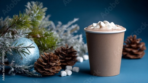 Steam rises from a cozy paper cup brimming with rich hot chocolate and fluffy marshmallows