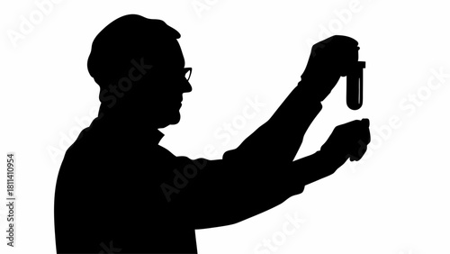 Silhouette of scientist examining test tube contents with gloved hands in a laboratory setting clearly visible