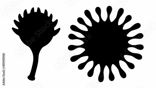 Black silhouette of a flower bud with stem and a circular shape with rounded projections design