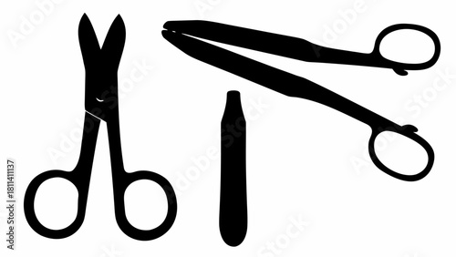 Silhouette illustration of surgical scissors and a small bottle on a white background
