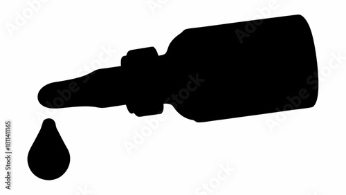 Black silhouette of a dropper bottle tilted with a single drop falling from the tip of the dropper