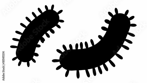 Two black bacteria cells with flagella in a simple cartoon style on a white background illustration