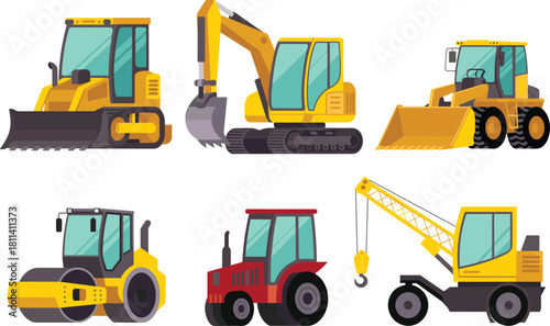 Construction vehicles illustration set featuring bulldozer, excavator,
