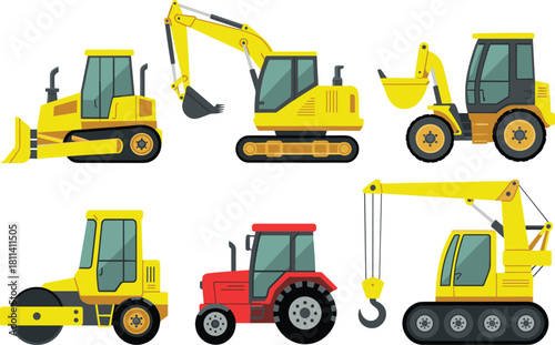 Construction vehicles illustration set featuring bulldozer, excavator,