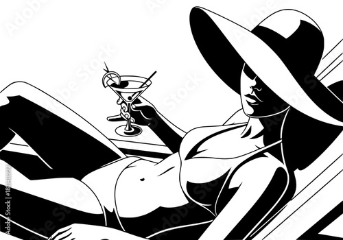 A woman with a cocktail in her hand is lying on a chaise longue