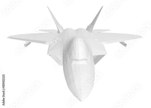 Low poly fighter jet in white with sleek aerodynamic design, pointed nose, curved wings, and upward tail. Combat aircraft isolated on solid white background.
