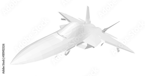 White fighter jet in combat flight against a white background. This sleek aircraft is a low poly model with a modern, polygonal design.