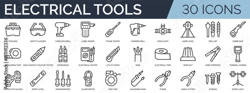 Set of 30 outline icons related to electrical tools. Linear icon collection. Editable stroke. Vector illustration