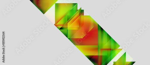 Abstract geometric composition. Vivid colors blend, creating dynamic diagonal shapes. Light, shadow interplay defines form, texture. Minimalist design.