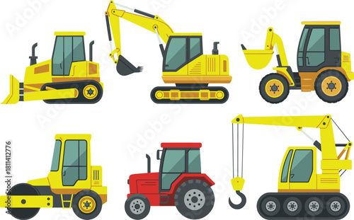 Construction vehicles illustration set featuring bulldozer, excavator, loader, crane, tractor, road roller, heavy machinery equipment, industrial transportation graphics collection