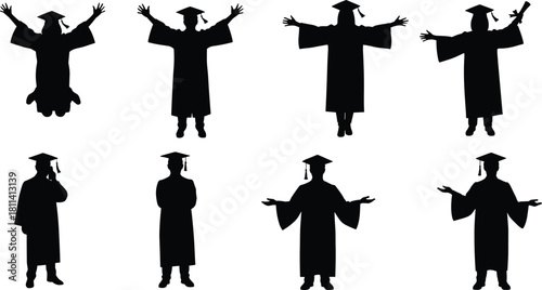 Graduation silhouettes, black gown, cap and diploma, academic celebration, student success, education milestone, university ceremony, joyful graduates, vector illustration