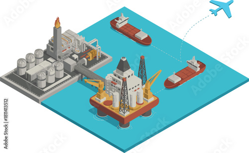 Isometric offshore oil industry illustration with refinery, drilling platform, cargo ships, airplane route, marine transportation, energy production, industrial infrastructure scene