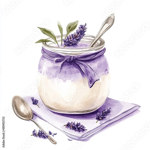Lavender Yogurt Jar with Spoon and Napkin Watercolor Illustration.