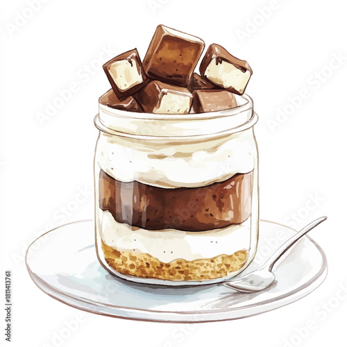 Layered chocolate mousse and cream dessert in a glass jar.