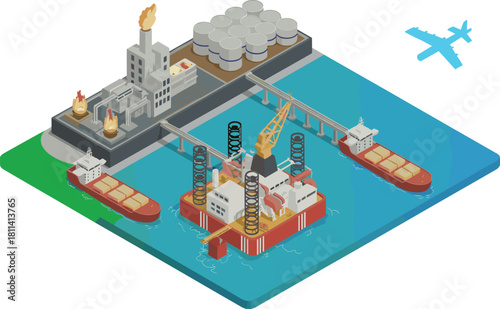 Isometric offshore oil industry illustration with refinery, drilling platform, cargo ships, airplane route, marine transportation, energy production, industrial infrastructure scene