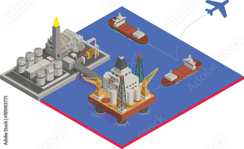 Isometric offshore oil industry illustration with refinery, drilling platform, cargo ships, airplane route, marine transportation, energy production, industrial infrastructure scene