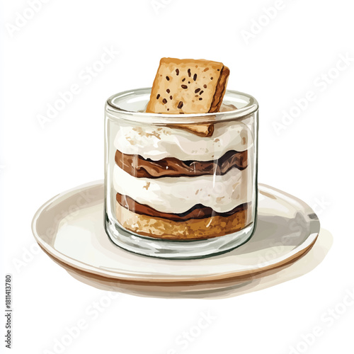 Layered dessert in glass graham cracker topping.