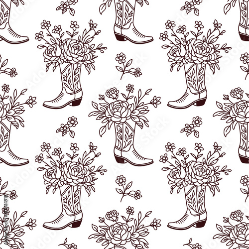 Seamless floral cowboy boot pattern with decorative western flowers, rustic country themed vector design, repeating vintage western background illustration