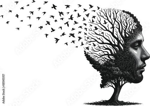 Surreal tree growing into realistic human face with flying birds, symbolic nature illustration expressing freedom, transformation, creativity, imagination, conceptual artistic design