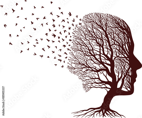 Surreal tree silhouette forming human face with flying birds dispersing into sky, symbolic nature illustration representing freedom, imagination, creativity, spiritual transformation