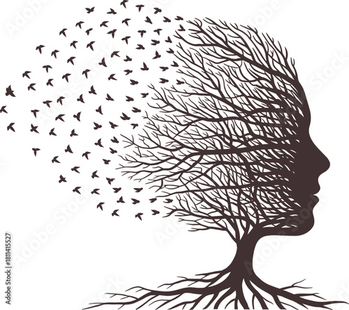 Surreal tree silhouette forming human face with flying birds on dark background, symbolic nature illustration expressing freedom, transformation, imagination, artistic concept