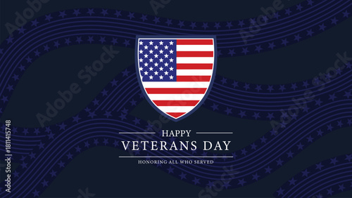 Minimalist Patriotic Shield Illustration with Red White Blue Colors and Wavy Star Lines for Veterans Day Banner Background Design