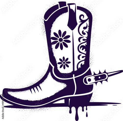 Vintage western cowboy boot illustration with floral patterns, decorative spur details, dripping grunge accents, bold stencil vector artwork