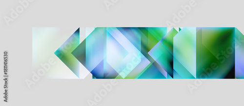 Abstract geometric shapes overlap, creating vibrant blue, green hues. Composition feels modern, dynamic, visually interesting.