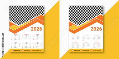 Modern 2026 annual calendar design template with geometric orange and yellow abstract shapes on top Vector