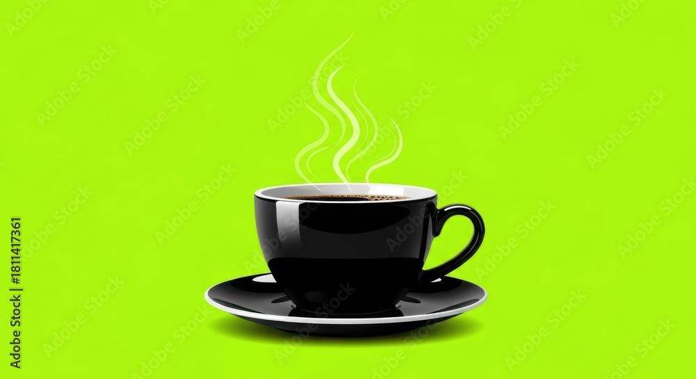 Obraz premium Steaming black coffee in a cup on a saucer against a vibrant green background