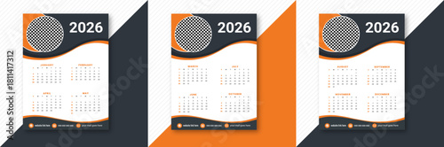 Modern 2026 corporate calendar template with abstract orange and dark grey wavy design and photo placeholder Vector