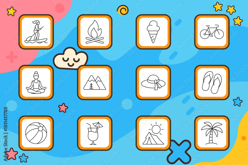 Fototapeta premium Summer set icon. Ball, campfire, bicycle, beach hat, swimsuit, yoga, drink, sun, tent, mountains, palm, flip flops, vacation, relaxation, travel, leisure