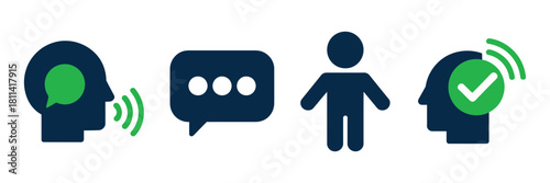 Communication and comprehension conceptual icons in navy and green