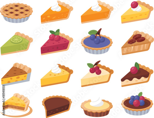 A delightful assortment of sweet baked goods, featuring a diverse collection of fruit pies, creamy tarts, and delicious dessert slices, perfect for any occasion