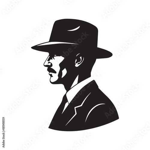 Vintage Gentleman Profile Silhouette Wearing Fedora Hat Vector
