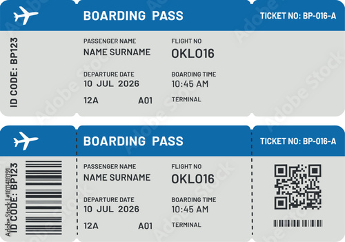 Double airplane boarding pass tickets with barcode and qr code