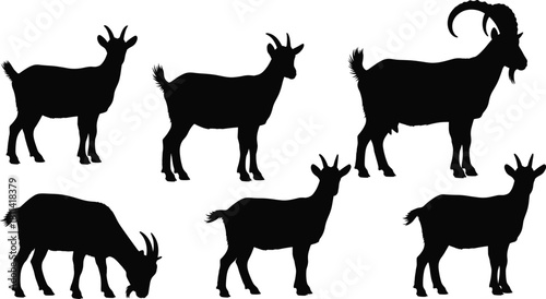 Silhouette goat vector set, grazing, standing, horns, black animal shapes, farm livestock, wild goat, nature, design, illustration