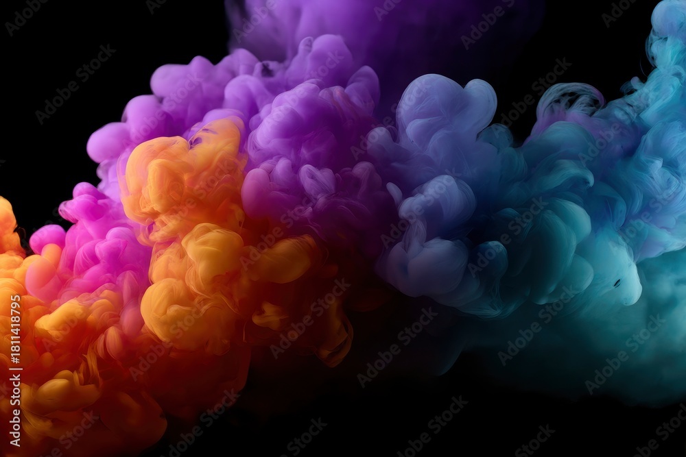Fototapeta premium Swirling cloud of colorful smoke with orange purple and blue hues set against a stark black background