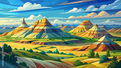 Very beautiful illustration of a stylized Theodore Roosevelt National Park landscape, featuring layered buttes, wide open prairies, soft rolling hills, and a vibrant blue sky in a clean travel-poster 