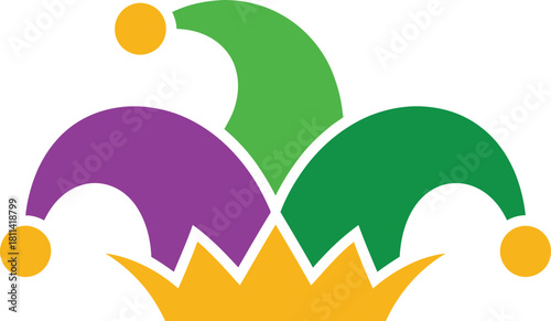 Colorful jester hat with purple and green points and yellow pom-poms on a gold crown, a classic symbol for Mardi Gras festival and carnival celebrations