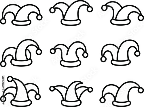 A whimsical assortment of jester hats in a fun vector art style, perfect for playful designs