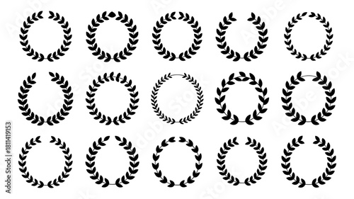Collection of fifteen diverse black laurel wreaths, classic victory and achievement symbols, elegant vector design elements set