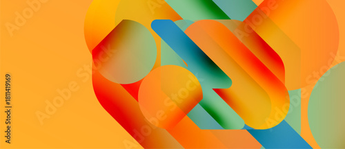 Abstract composition. Overlapping colorful shapes create dynamic visual effect. Warm tones dominate, with cool accents. Modern design.