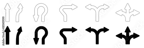 Diverse collection of navigation arrow icons, featuring straight, curved, u-turn, and multi-directional symbols in both outline and solid variations for modern design.