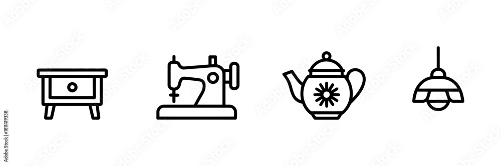 Obraz premium Home decor, craft, and kitchen essentials vector line icons set including a nightstand, sewing machine, teapot, and ceiling lamp