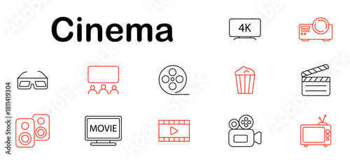 Cinema set icon. Screen, projector, audience, popcorn, movie reel, ticket, clapperboard, sound, play button, TV, camera, filmstrip, 3D glasses, entertainment, show, media.